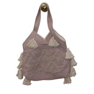 Twig & Arrow Lavender Woven Jacquard Travel Bag Tote Boho Tassel